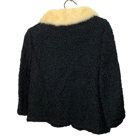VTG Saks Fifth Avenue Black Boucle Jacket Cream Fur Collar Womens Size S/M - Picture 10 of 11